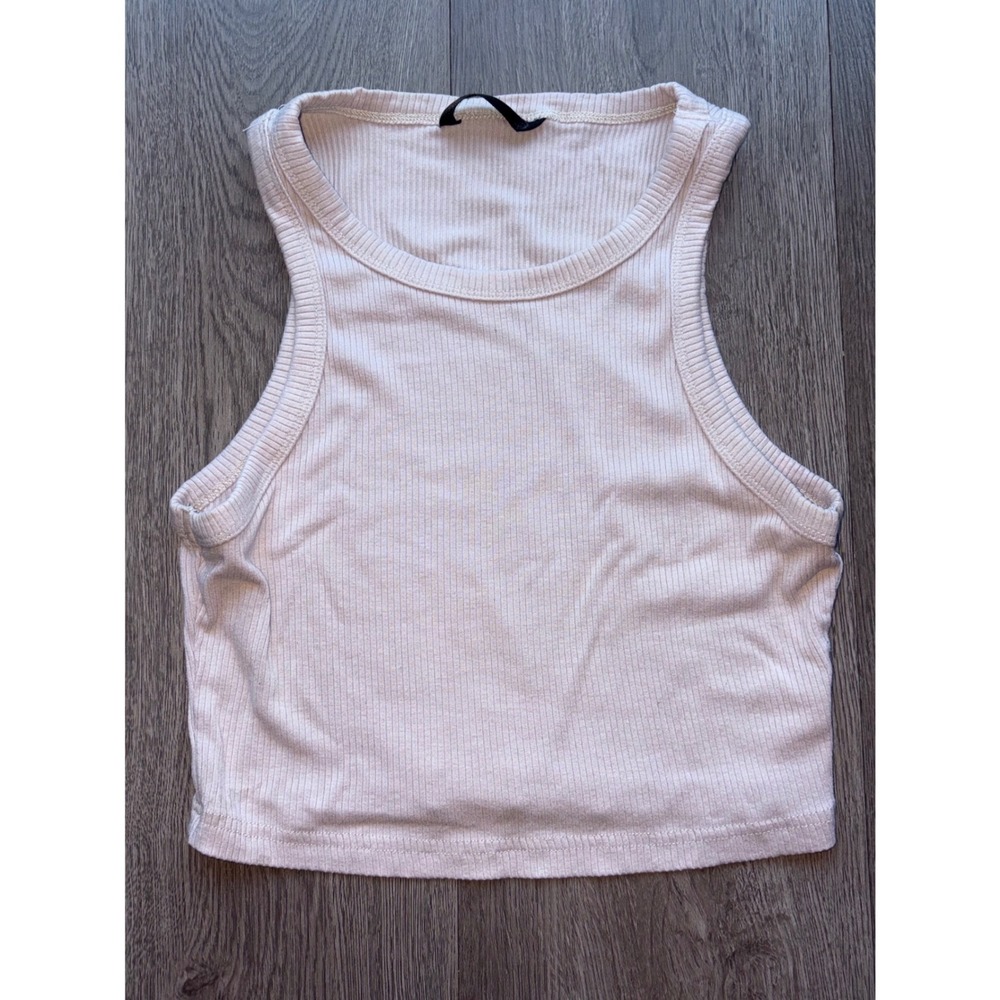 Ribbed Knit Crop Tank Top Racerback High Neck Light Pink Beige JIT6475201